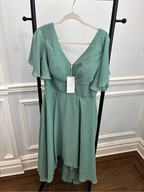 Flutter-Sleeve V-Neck Midi High Low Dress in Sage Green